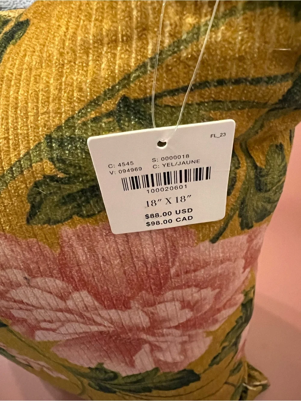 Anthropologie Celia Velvet Cord Floral Pillow, Mustard and Blush Pink